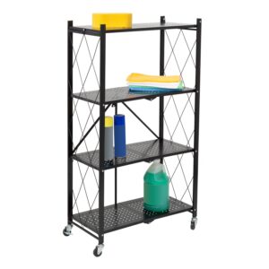 Folding 4-Tier Metal Rolling Shelf - Black